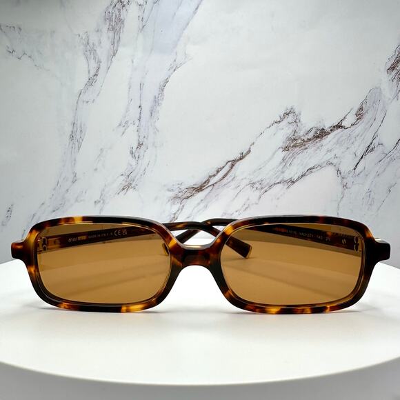 New MIU MIU Sunglasses Brown Tortoise Slim Rectangular Acetate Logo Authentic - Picture 3 of 16